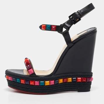 Pre Owned Christian Louboutin Black Leather Cataclou Ankle Strap Espadrille Wedge Sandals Size 39