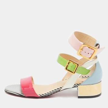 Pre Owned Christian Louboutin Multicolor Patent Leather Block Heel Sandals Size 38