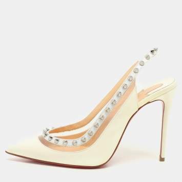 Pre Owned Christian Louboutin Cream Patent Leather and PVC Brigandine Spike Slingback Pumps Size 36.5