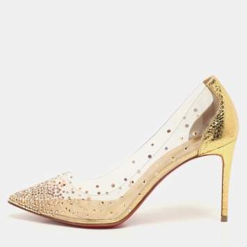 Pre Owned Christian Louboutin Transparent/Gold Leather and PVC Degrastrass Pumps Size 37