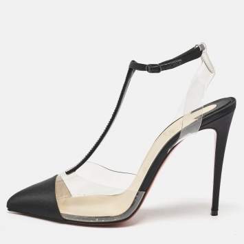 Pre Owned Christian Louboutin Black Satin and PVC Crystal Embellished Nosy Pumps Size 39
