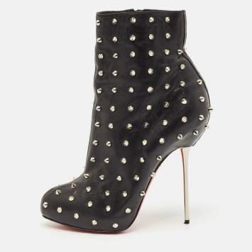Christian Louboutin Black Leather Big Lips Spiked Ankle Boots Size 38.5