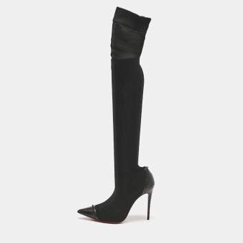 Christian Louboutin Black Knit Fabric and Leather Souricette Knee Length Boots 38