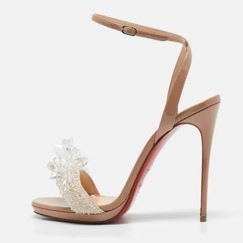 Christian Louboutin Beige Patent Leather and Suede Crystal Queen Sandals Size 39