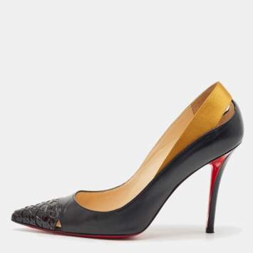 Christian Louboutin Black/Gold Leather and Satin Pointed Toe Pumps Size 39