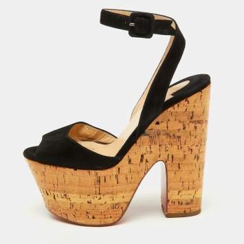 Christian Louboutin Black Suede Super Dombasle Platform Cork Wedge Ankle Strap Sandals Size 36