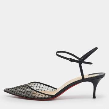 Pre Owned Christian Louboutin Black Lace and Leather Riverina Ankle Strap Sandals Size 41