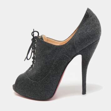 Christian Louboutin Dark Grey Fabric Flannel Lady Peep Toe Lace Up Booties Size 38.5