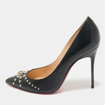 Christian Louboutin Black Leather Door Knock Studded Pumps Size 38