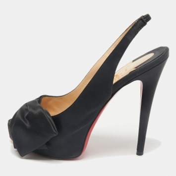 Christian Louboutin Black Satin Bow Peep Toe Platform Slingback Pumps Size 39.5