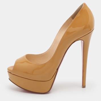 Pre Owned Christian Louboutin Mustard Patent Leather Lady Peep Platform Pumps Size 35.5