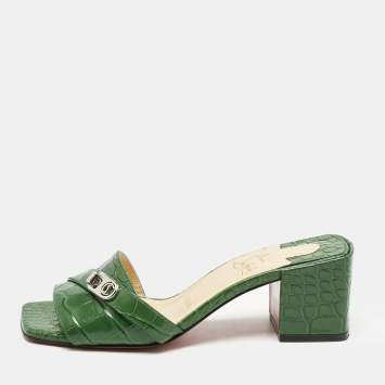 Christian Louboutin Green Croc Embossed Leather Lock Art Slide Sandals Size 37