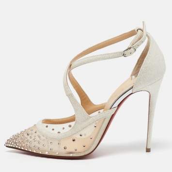 Pre Owned Christian Louboutin Silver/Beige Glitter and Mesh Twistissima Pumps Size 37
