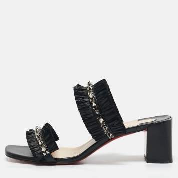 Christian Louboutin Black Raffia and Leather Marivodu Slide Sandals Size 37.5