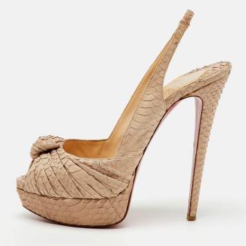 Pre Owned Christian Louboutin Beige Python Jenny Knotted Peep Toe Slingback Platform Pumps Size 40