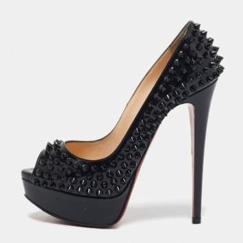 Christian Louboutin Black Patent Leather Lady Peep Spikes Pumps Size 35