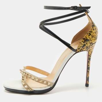 Christian Louboutin Multicolor Printed Patent Leather and Suede Monocronana Spike Ankle Strap Sandals Size 39