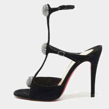 Christian Louboutin Black Suede Crystal Embellished Ankle Strap Sandals Size 35.5