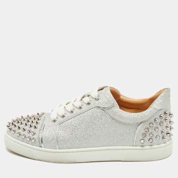Christian Louboutin Silver Glitter and Leather Louis Junior Spikes Low Top Sneakers Size 39