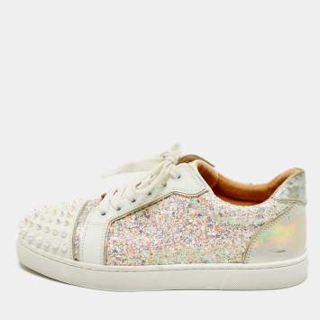 Christian Louboutin Multicolor Glitter and Leather Louis Junior Spikes Low Top Sneakers Size 37.5