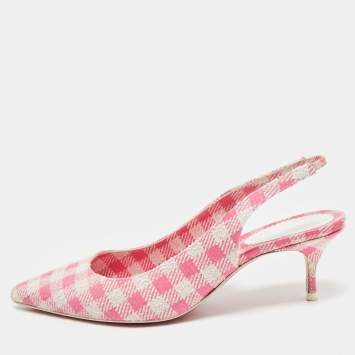 Christian Louboutin Pink/White Gingham Fabric Kate Slingback Pumps Size 37