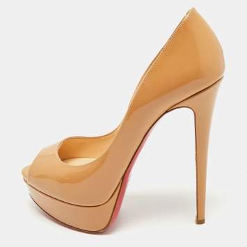 Pre Owned Christian Louboutin Beige Patent Leather Lady Peep Toe Pumps Size 37.5
