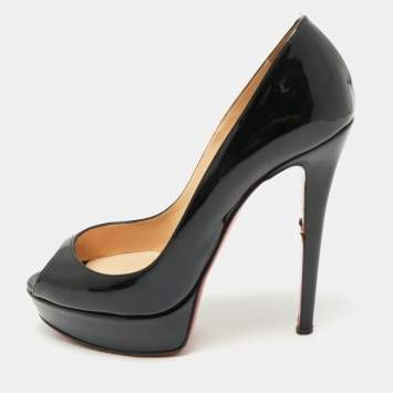 Pre Owned Christian Louboutin Black Patent Leather Lady Peep Toe Pumps Size 38
