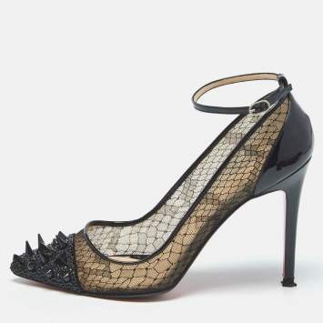 Pre Owned Christian Louboutin Black Lace and Patent Leather Picks and Co Pot Pourri Pumps Size 39
