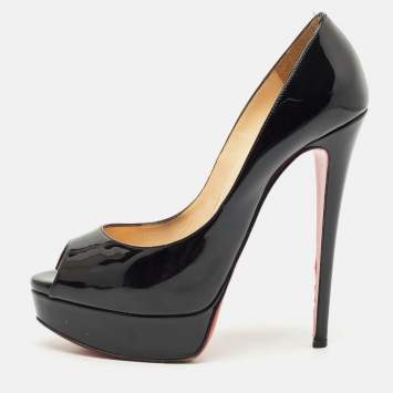 Pre Owned Christian Louboutin Black Patent Leather Lady Peep Toe Platform Pumps Size 38.5