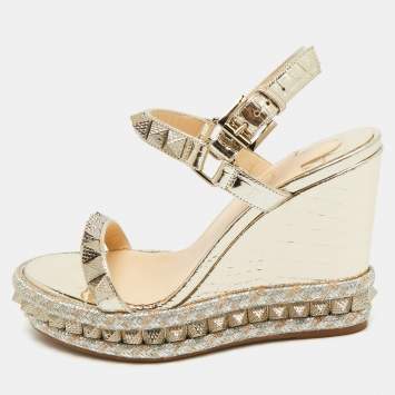 Christian Louboutin Gold Croc Embossed Leather Pyraclou Wedge Sandals Size 37