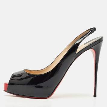 Christian Louboutin Black Patent Leather Private Number Peep Toe Slingback Sandals Size 41