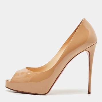 Christian Louboutin Beige Patent Leather New Very Prive Peep Toe Pumps Size 39