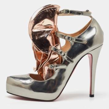 Christian Louboutin Silver/Rose Gold Leather Ruffle Mary Jane Pumps Size 38.5
