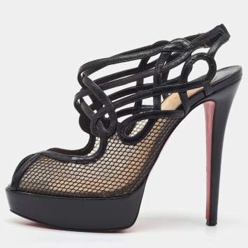 Christian Louboutin Black Leather and Mesh Strappy Platform Slingback Sandals Size 39