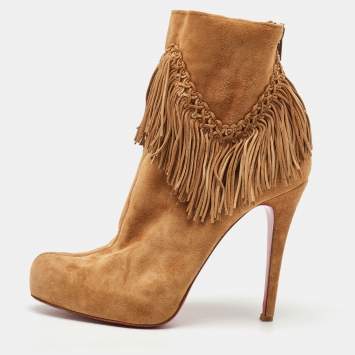 Christian Louboutin Light Tan Suede Rom Fringe Detail Platform Ankle Boots Size 39