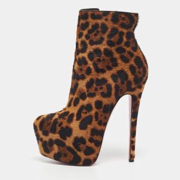 Christian Louboutin Brown Leopard Print Calf Hair Fifi Platform Ankle Boots Size 35.5
