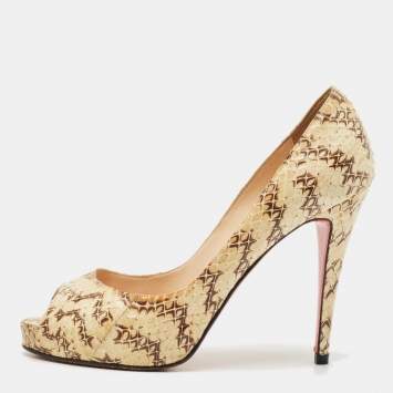 Christian Louboutin Cream/Brown Python Leather New Very Prive Peep Toe Pumps Size 39.5