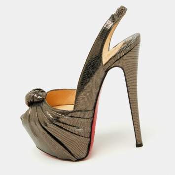 Christian Louboutin Metallic Lizard Embossed Leather Miss Benin Knotted Platform Slingback Sandals Size 37