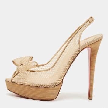 Christian Louboutin Beige Mesh and Leather Bow Slingback Pumps Size 39
