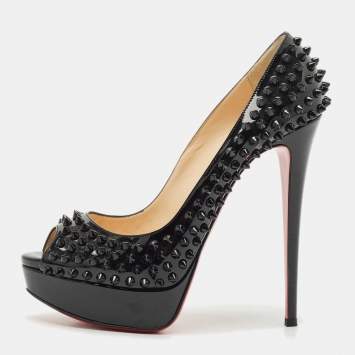 Christian Louboutin Black Leather Yolanda Spikes Peep Toe Pumps Size 40