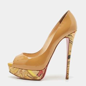 Christian Louboutin Beige Patent Leather Lady Peep Pumps Size 38.5