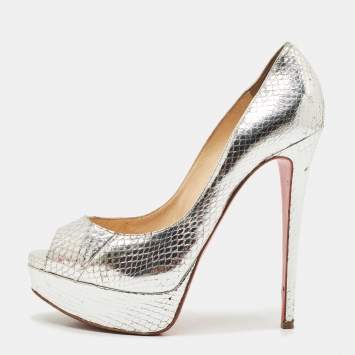 Pre Owned Christian Louboutin Silver Python Embossed Leather Lady Peep Toe Pumps Size 37.5