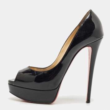 Pre Owned Christian Louboutin Black Patent Leather Lady Peep Toe Pumps Size 38