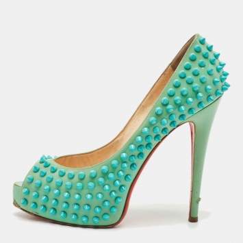 Pre Owned Christian Louboutin Turquoise  Patent Leather Very Prive Peep Toe Pumps Size 38