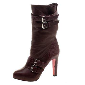 Pre Owned Christian Louboutin Dark Burgundy Python and Leather Loubi Bike Boots Size 39