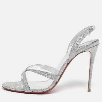 Pre Owned Christian Louboutin Silver Glitter Emilie Slingback Sandals Size 38