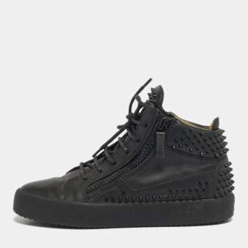 Pre Owned Christian Louboutin Black Leather Louis Spikes High Top Sneakers Size 38