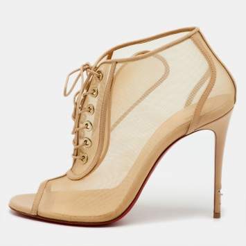 Pre Owned Christian Louboutin Beige Leather and Mesh Open Ondessa Lace Up Booties Size 37.5