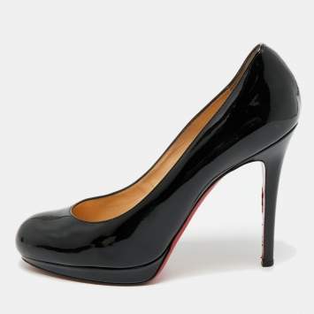 Pre Owned Christian Louboutin Black Patent Leather New Simple Wedge Pumps Size 37.5