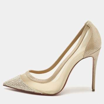 Pre Owned Christian Louboutin Beige Mesh and Suede Embellished Galativi Strass Pumps Size 38